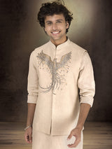 Beige pure linen stone work waistcoat set