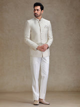 Beige resham weaved jodhpuri for reception