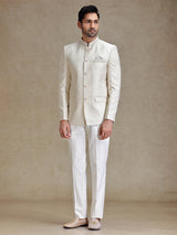 Beige resham weaved jodhpuri for reception