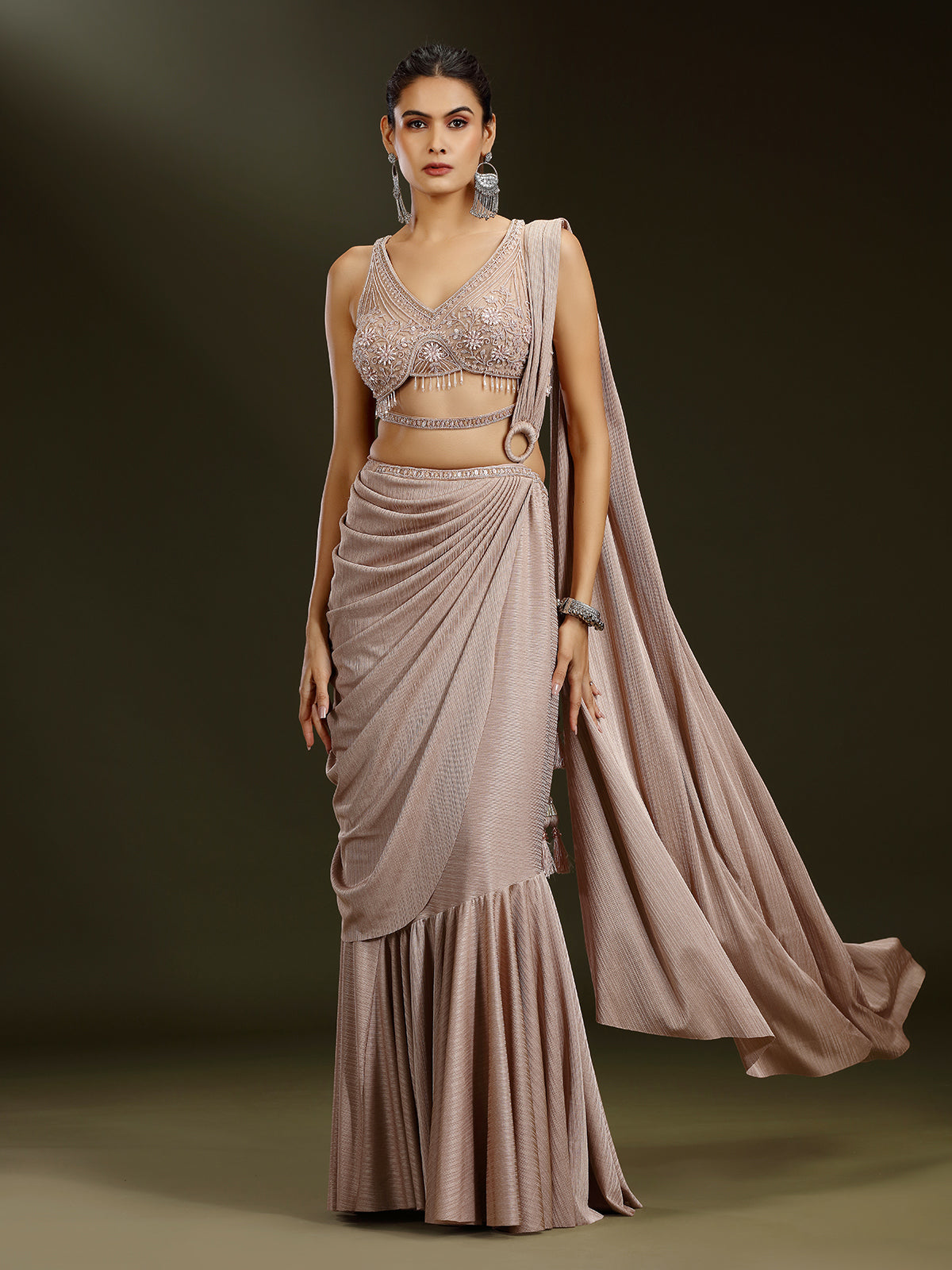 Beige satin lycra designer lehenga choli with attached dupatta