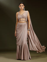 Beige satin lycra designer lehenga choli with attached dupatta