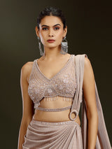 Beige satin lycra designer lehenga choli with attached dupatta