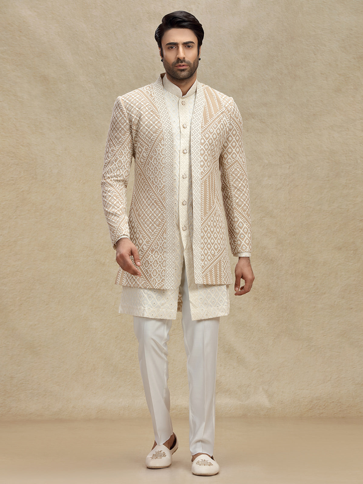Beige silk indo western with embroidery jacket