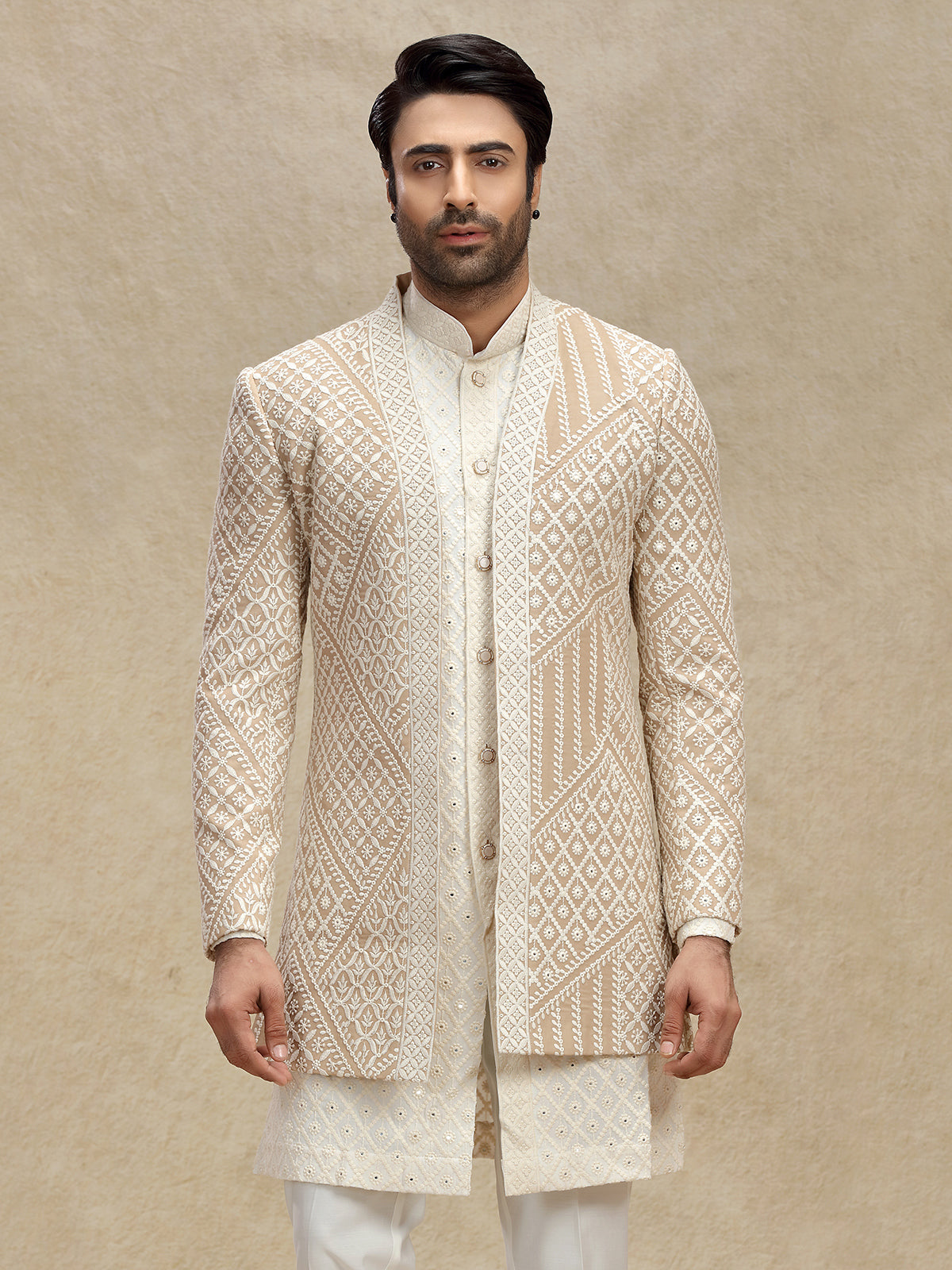 Beige silk indo western with embroidery jacket