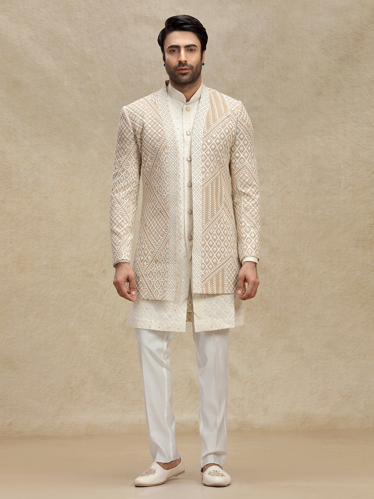 Beige silk indo western with embroidery jacket