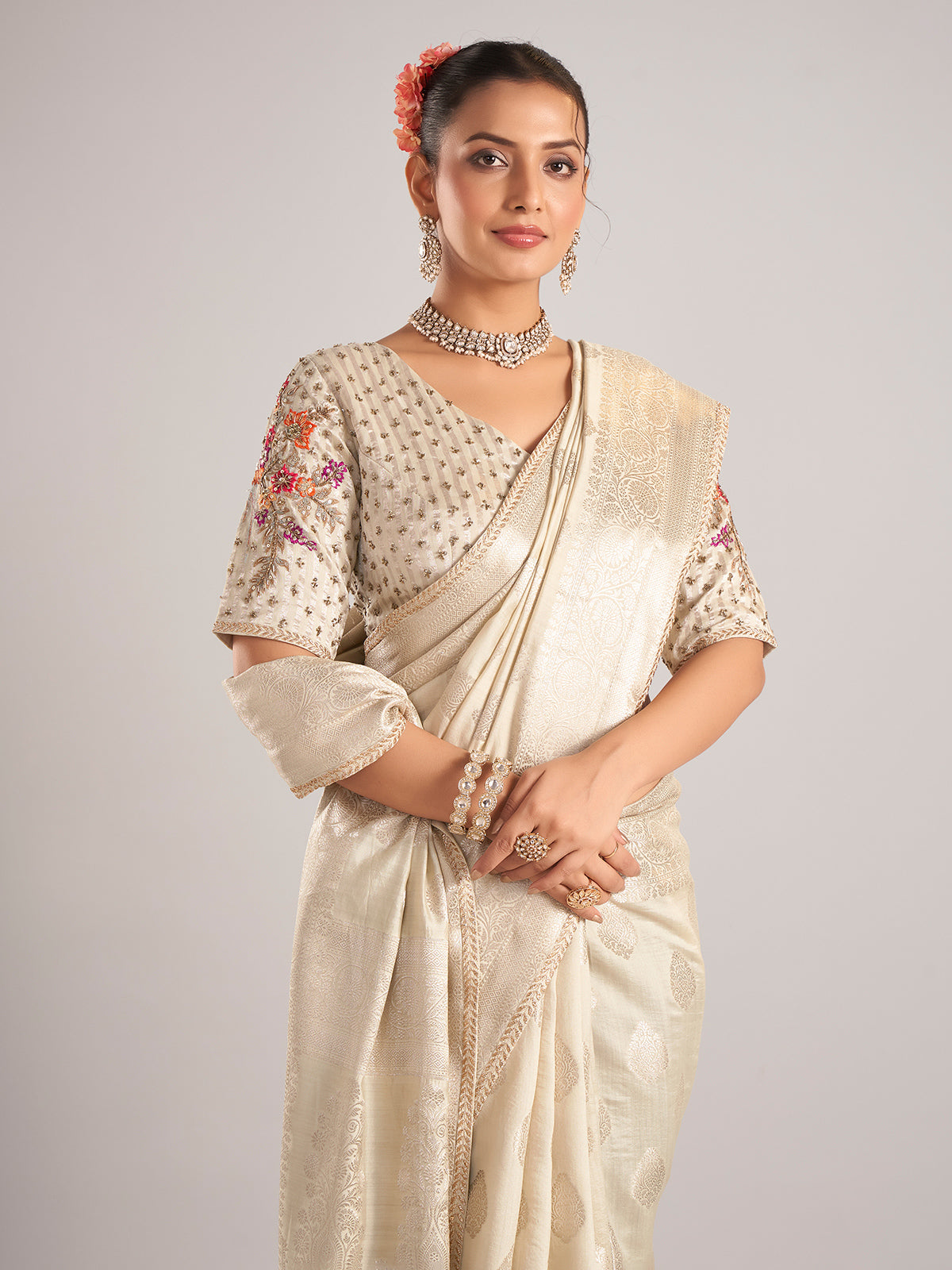 Beige silk saree with ready made blouse for women