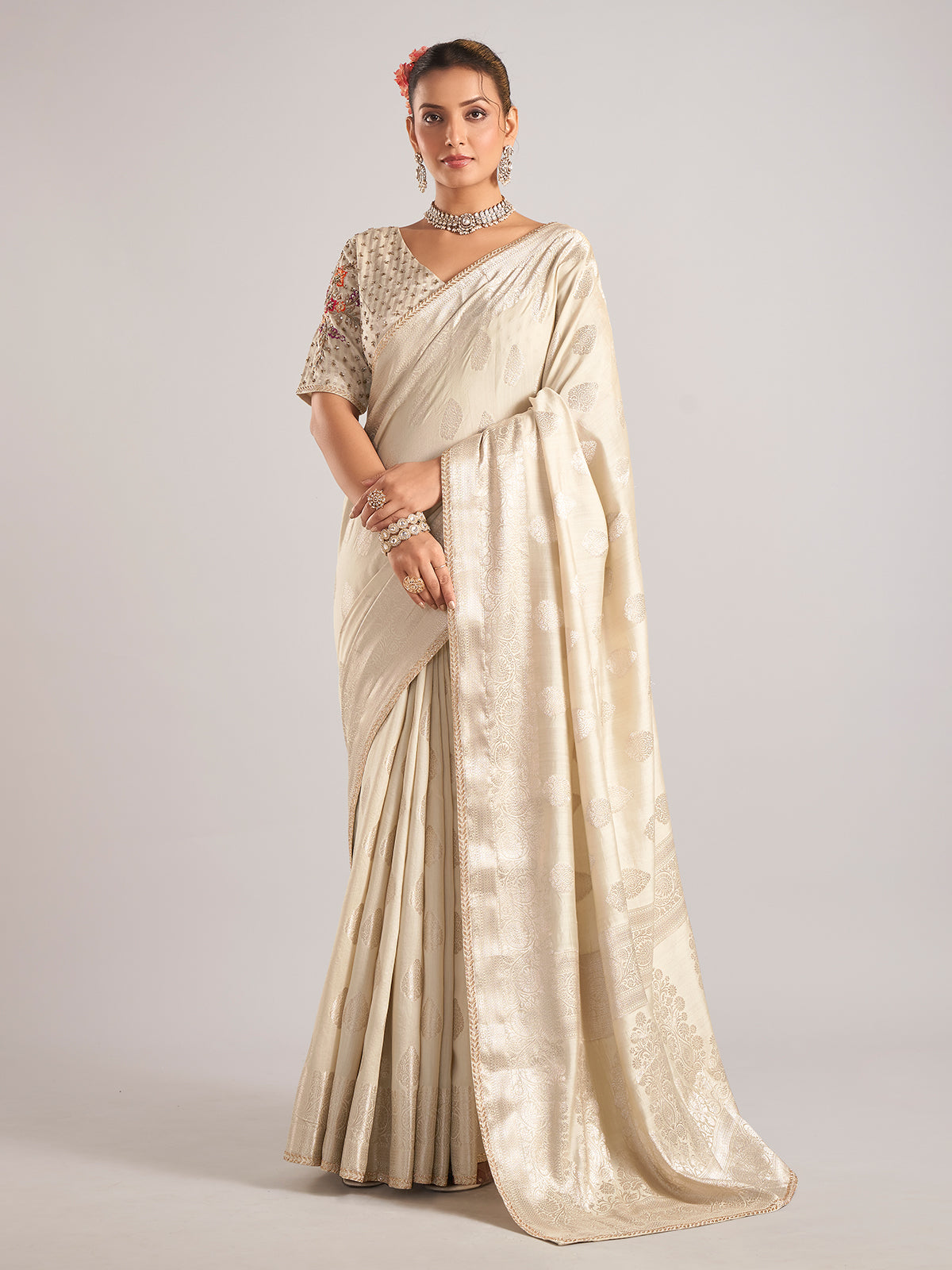 Beige silk saree with ready made blouse for women