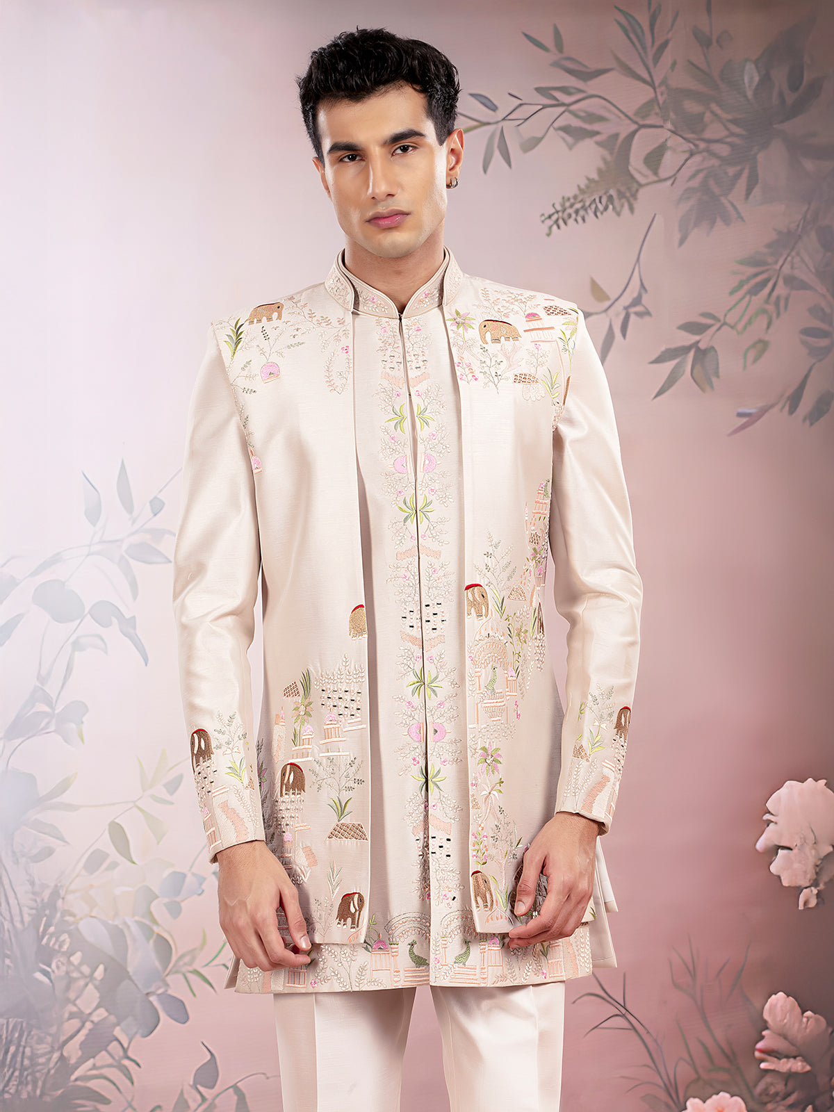 Beige silk waistcoat set for wedding celebration