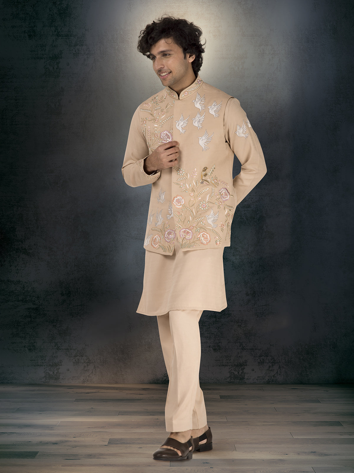 Beige silk waistcoat set with embroidery and stone work