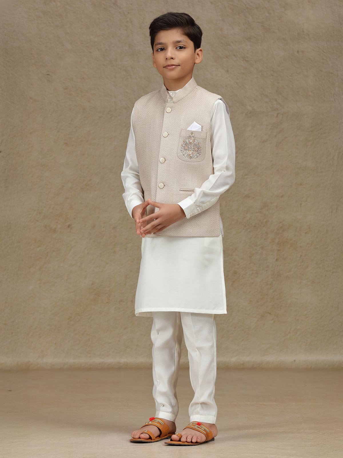 Beige silk wedding wear waistcoat set for boys