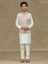 Beige silk wedding wear waistcoat set for boys