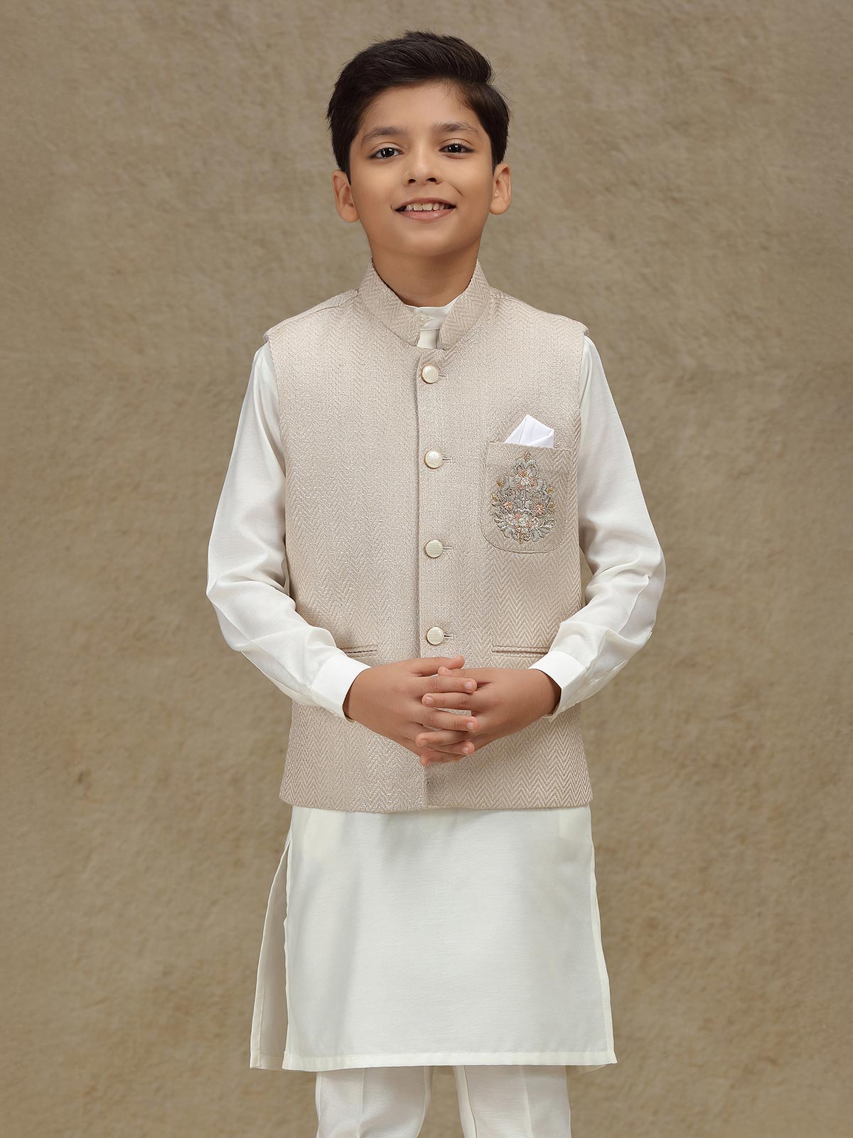 Beige silk wedding wear waistcoat set for boys