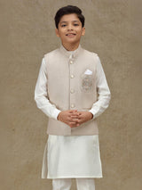 Beige silk wedding wear waistcoat set for boys