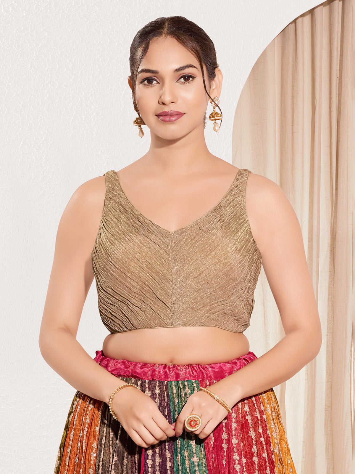 Beige tissue silk sweetheart neck festive blouse
