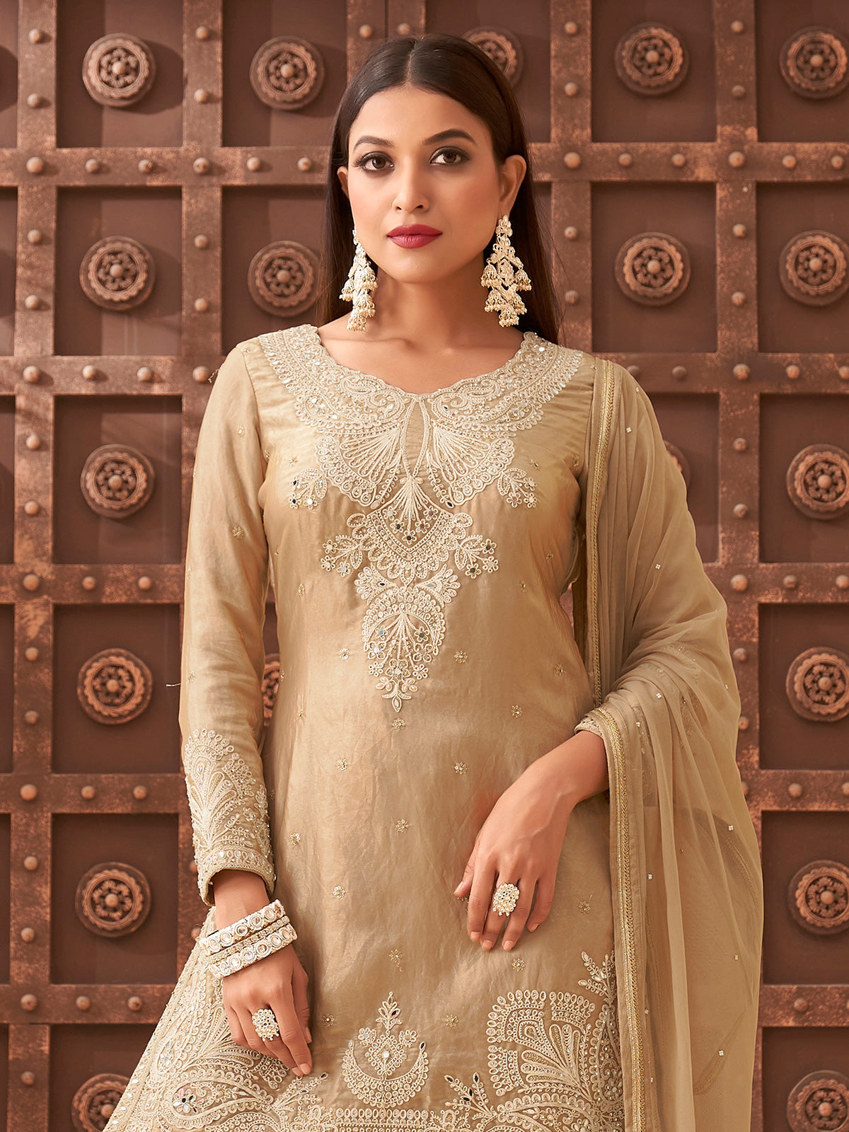 Beige wedding wear organza sharara suit