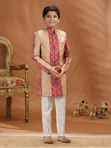 Beige zari printed silk indo western outfit