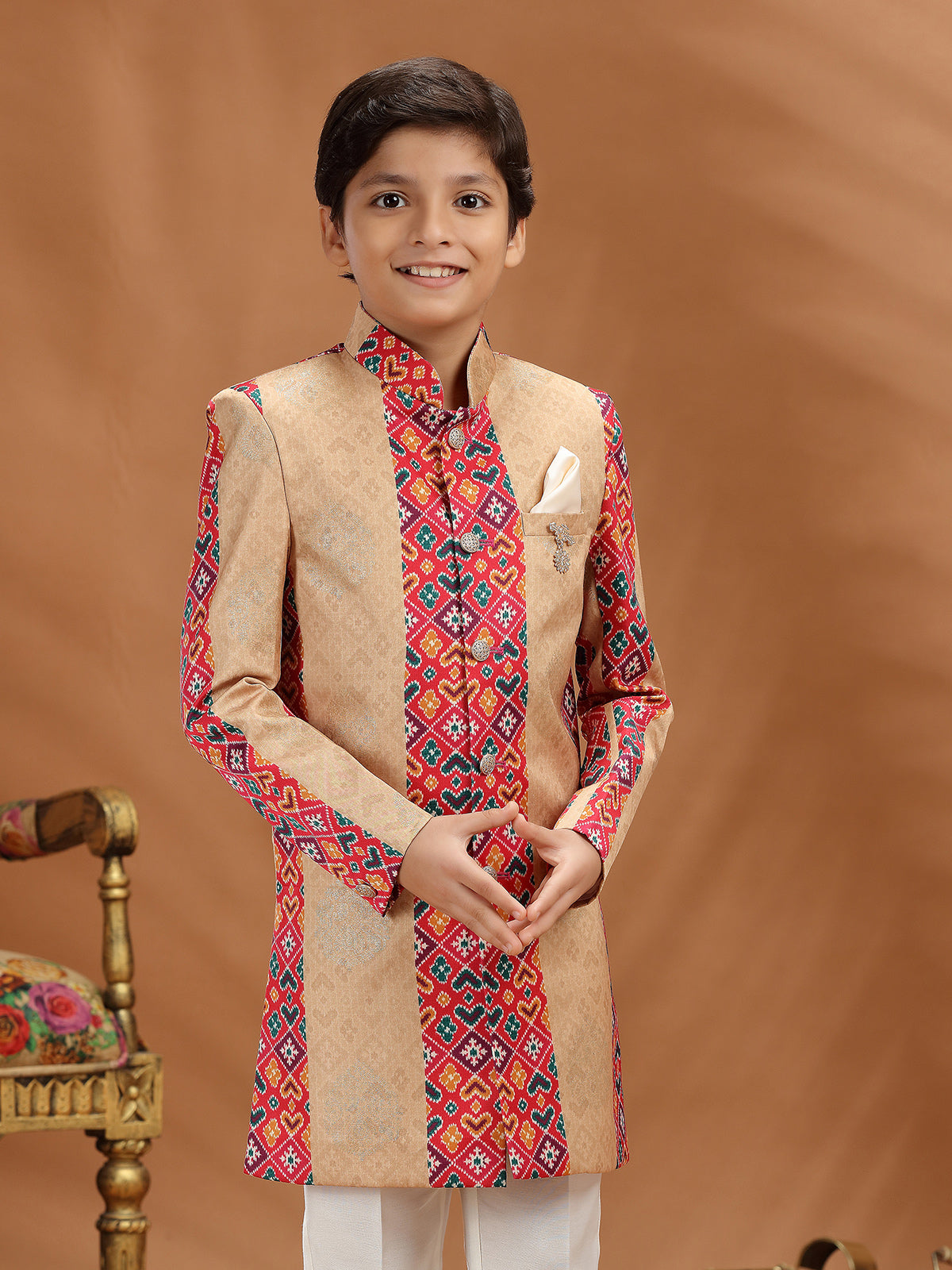 Beige zari printed silk indo western outfit