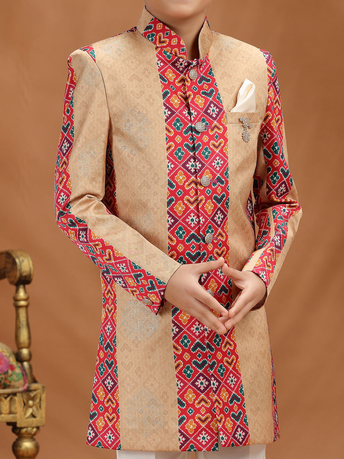 Beige zari printed silk indo western outfit