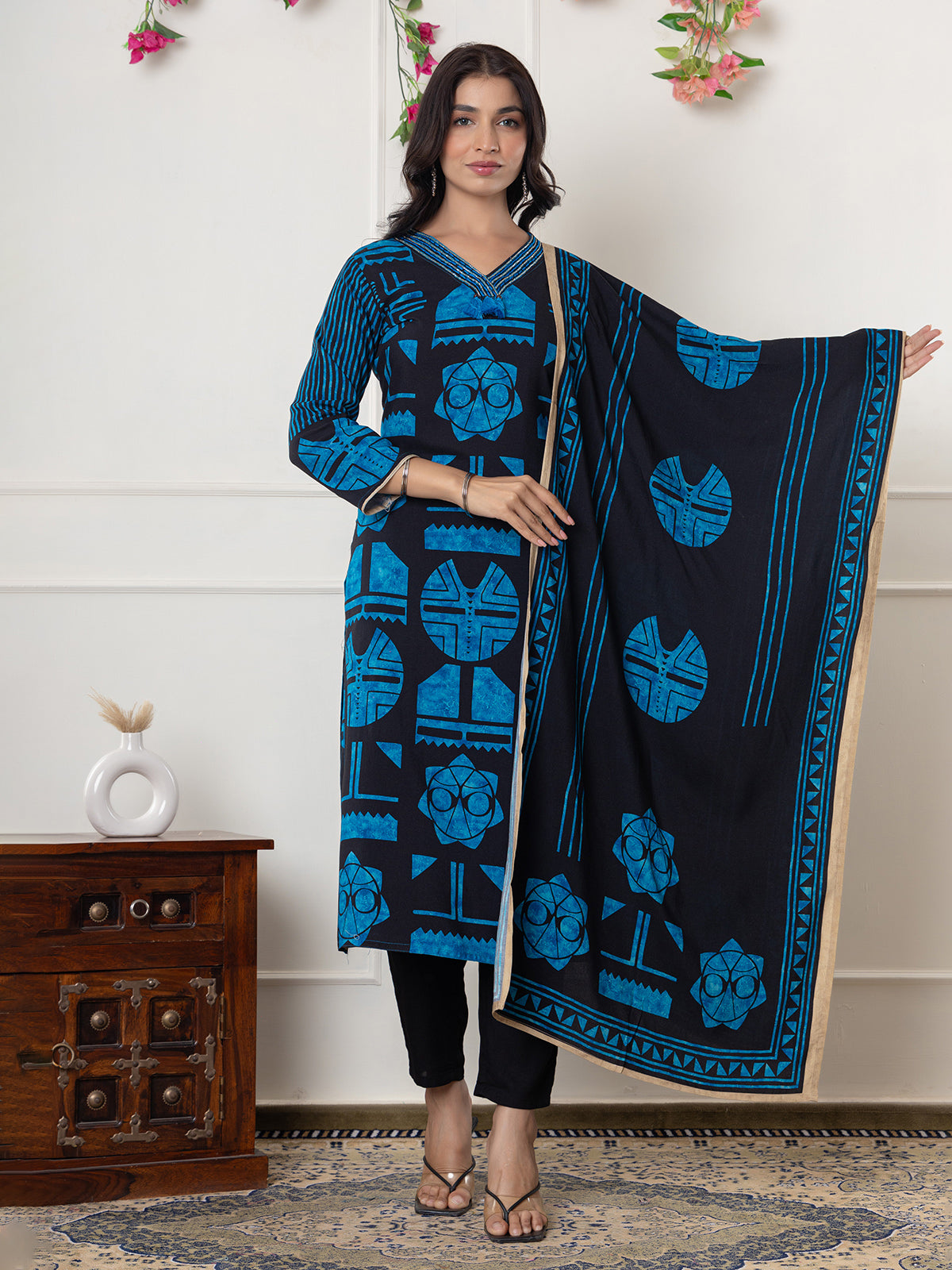 Black and blue printed silk kurti set