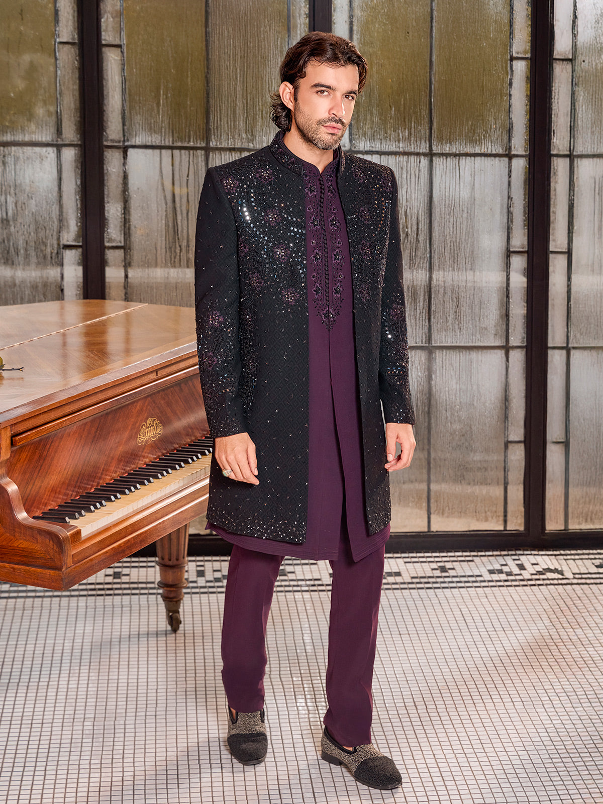Black and purple art silk royal indo western jacket