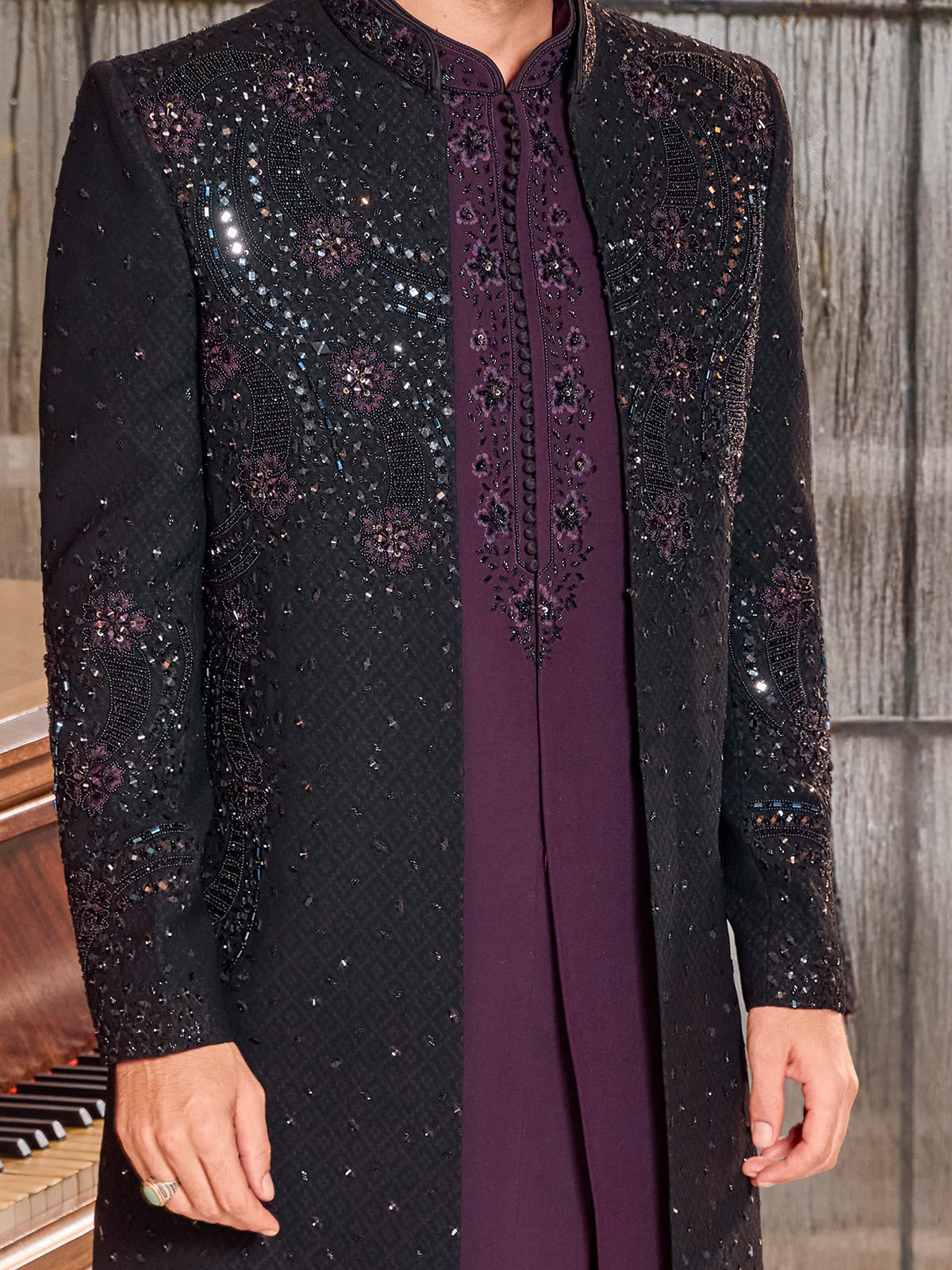 Black and purple art silk royal indo western jacket