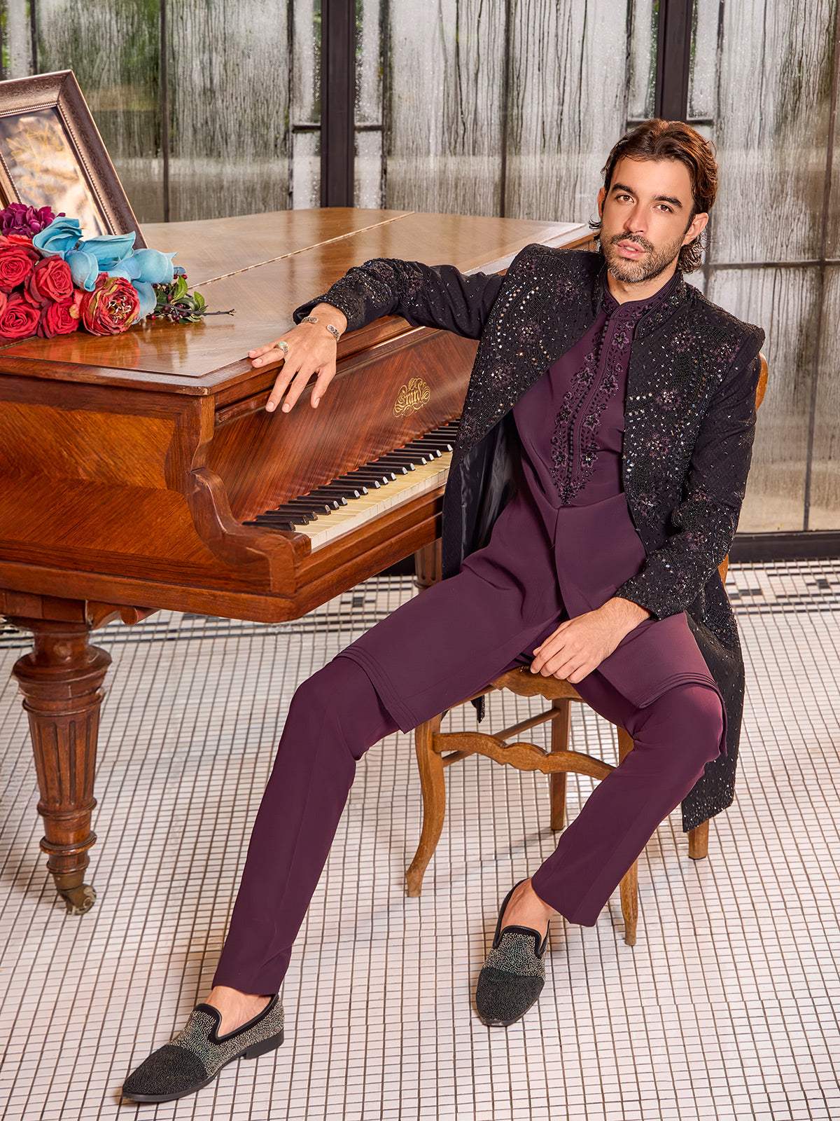 Black and purple art silk royal indo western jacket