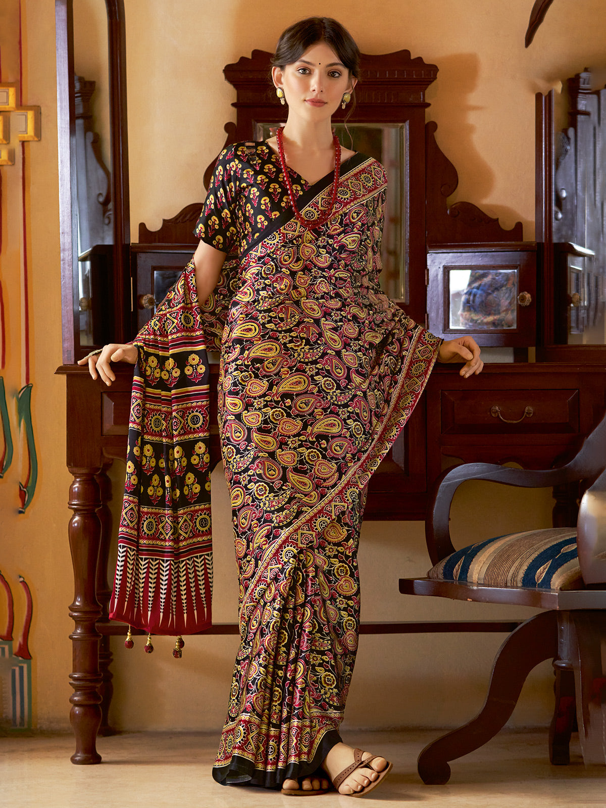 Black and yellow printed japan silk saree