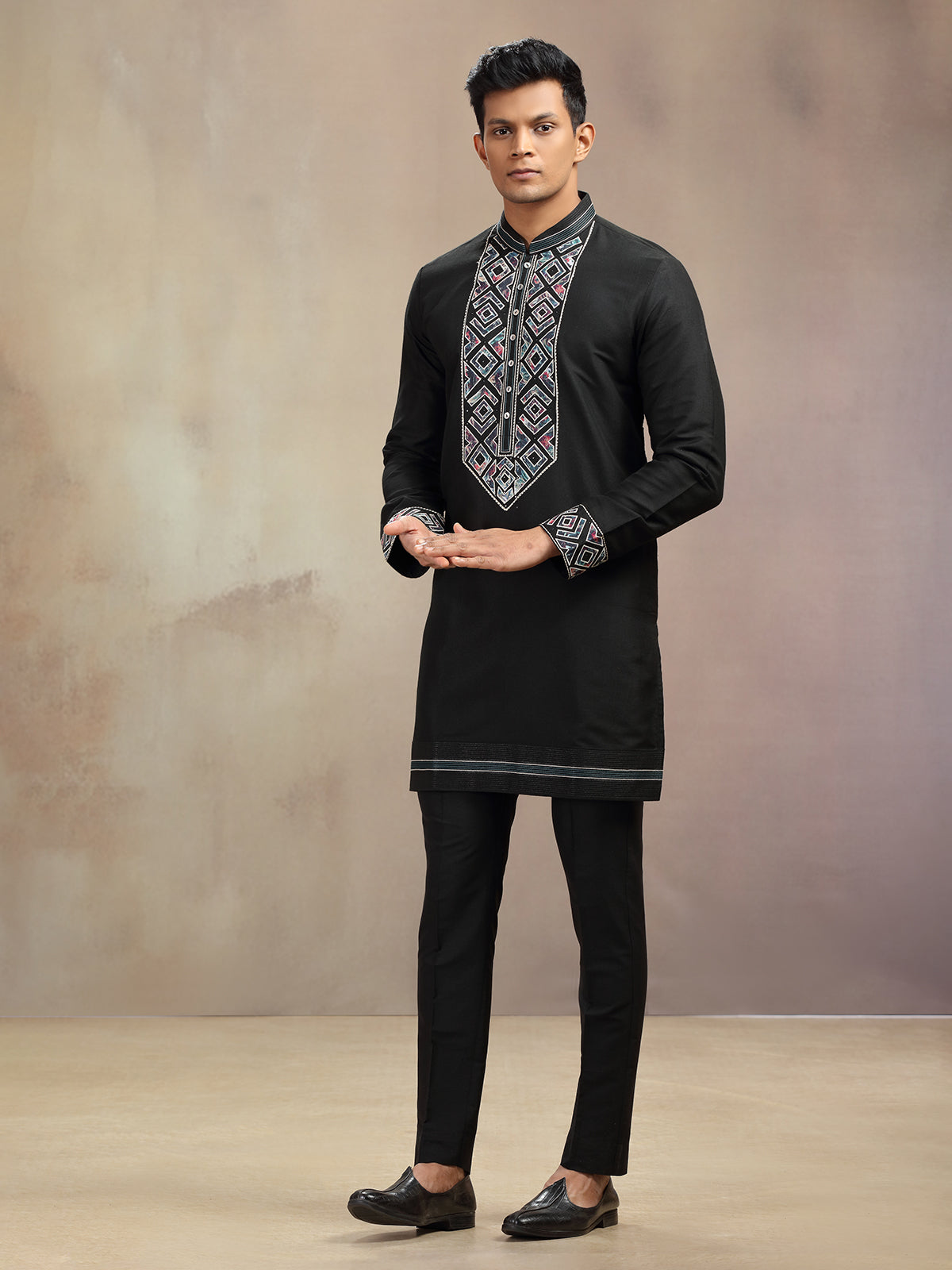 Black banarasi silk embroidery worked kurta pajama