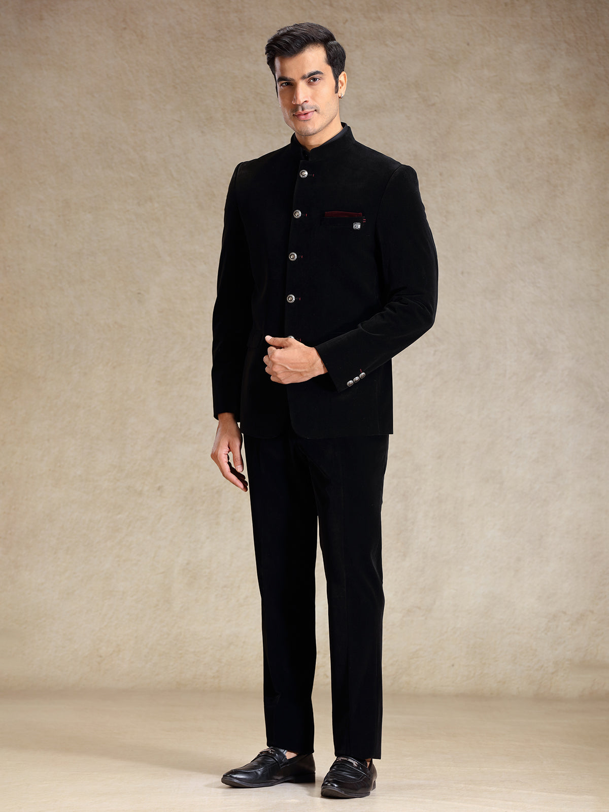Black classic velvet weaved bandh gala suit