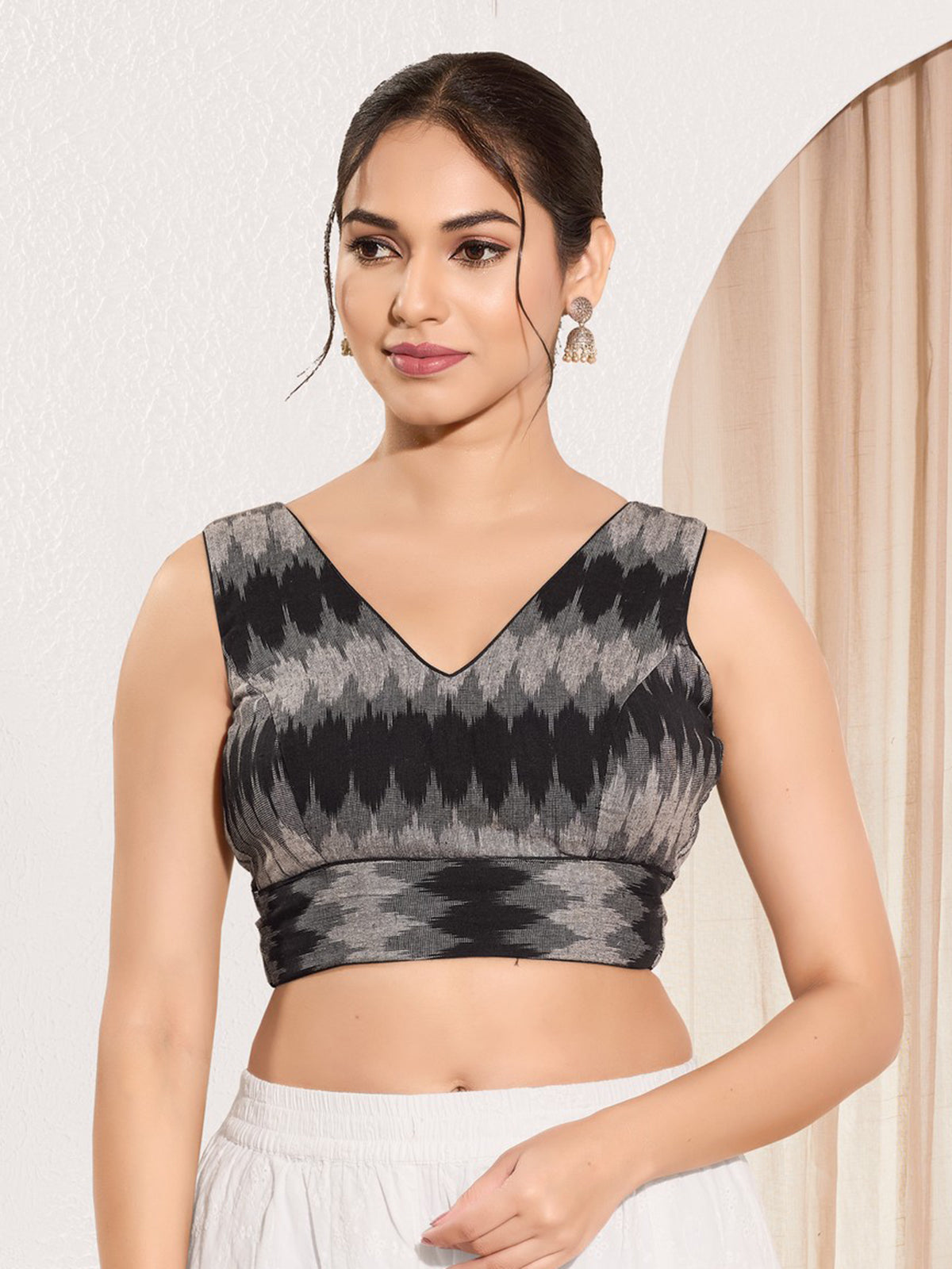 Black cotton ready made blouse in printed