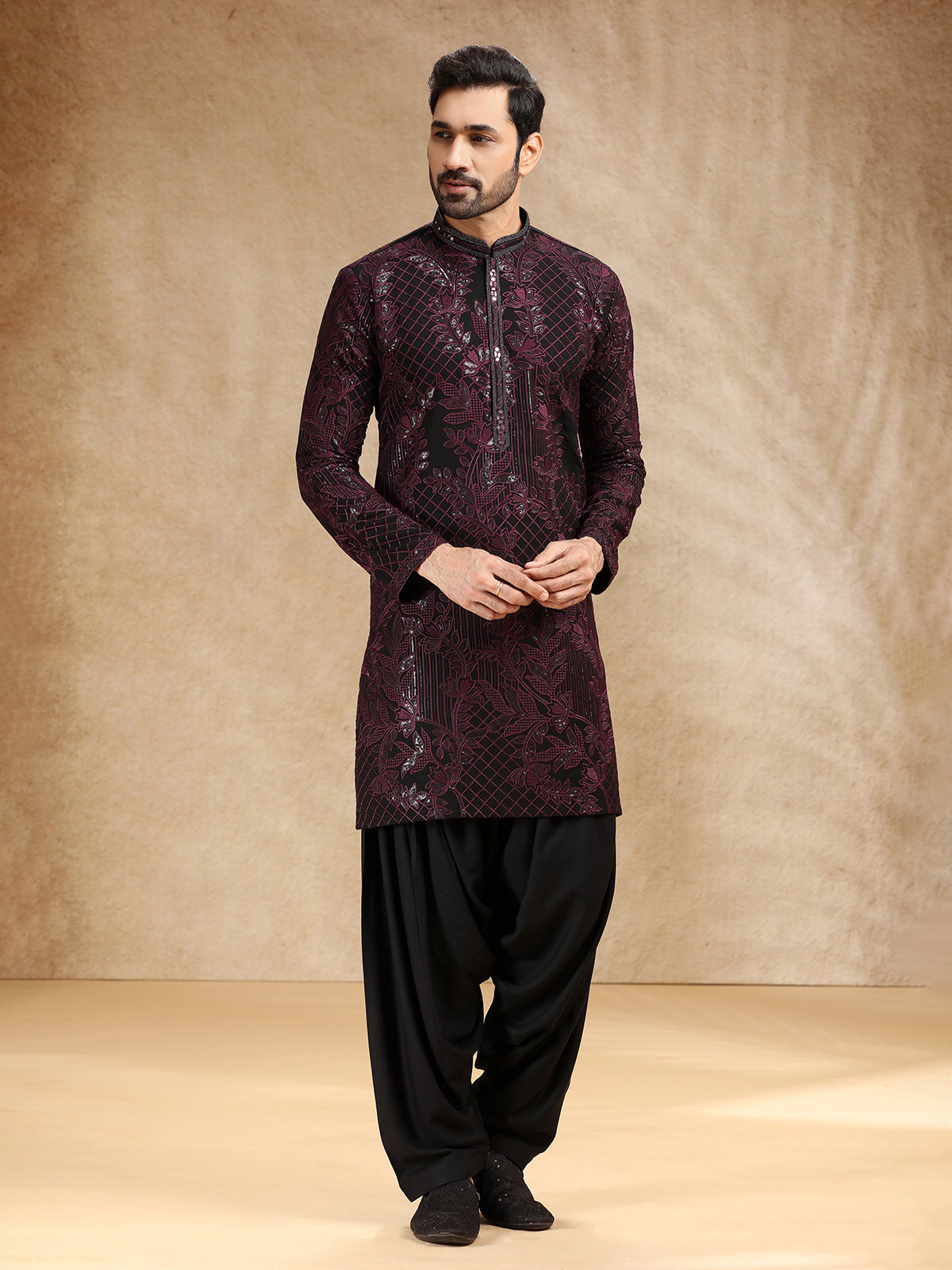 Black georgette men festive kurta salwar suit