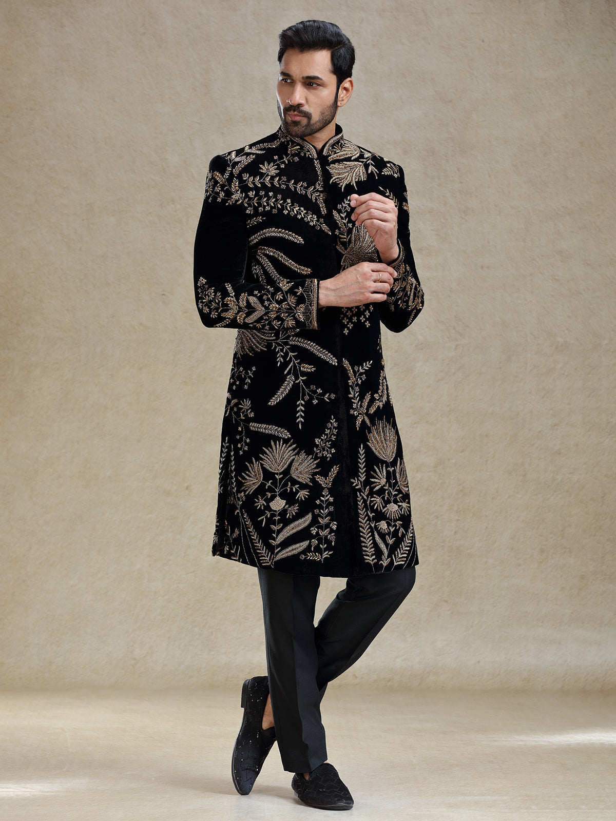 Black golden zardosi worked velvet long sherwani for men