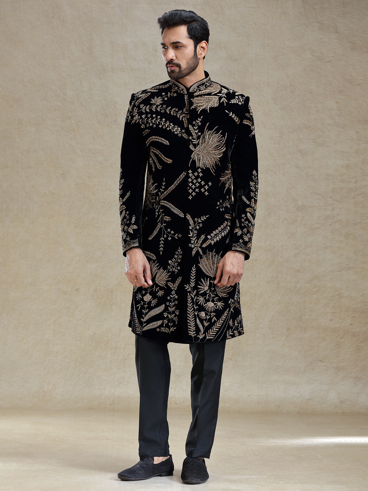 Black golden zardosi worked velvet long sherwani for men