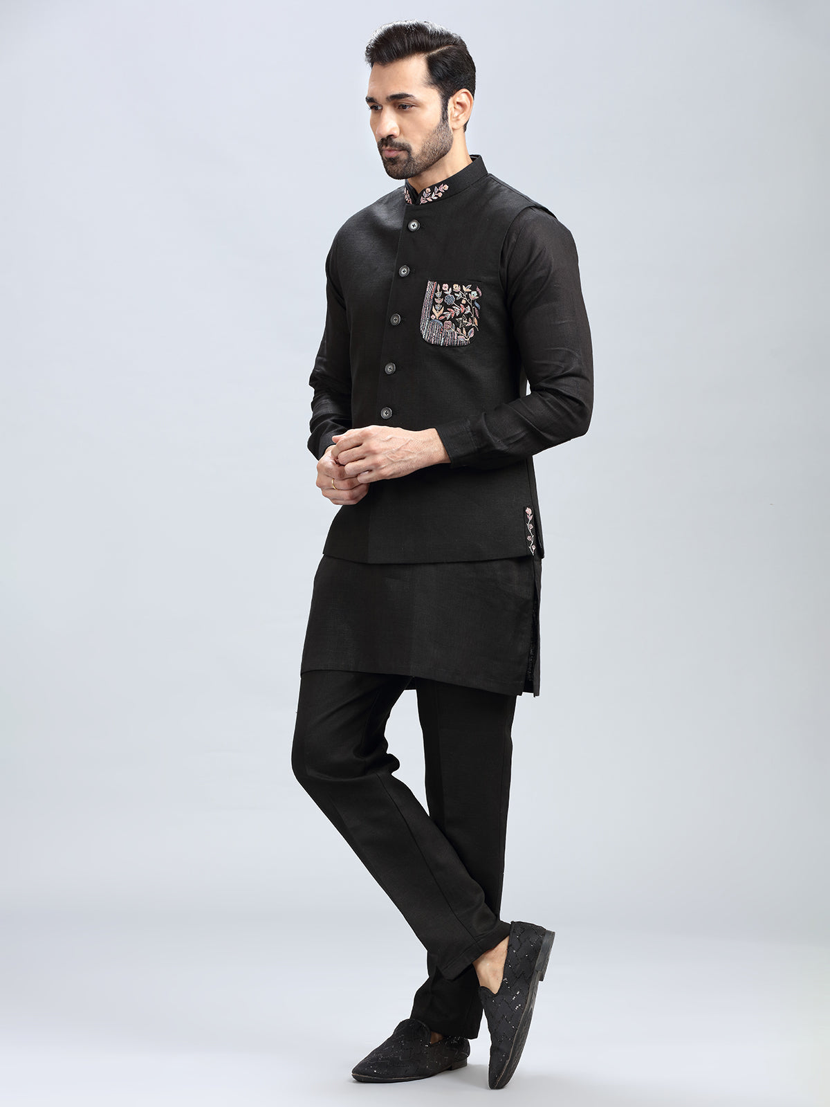 Black jacquard style waistcoat set for men