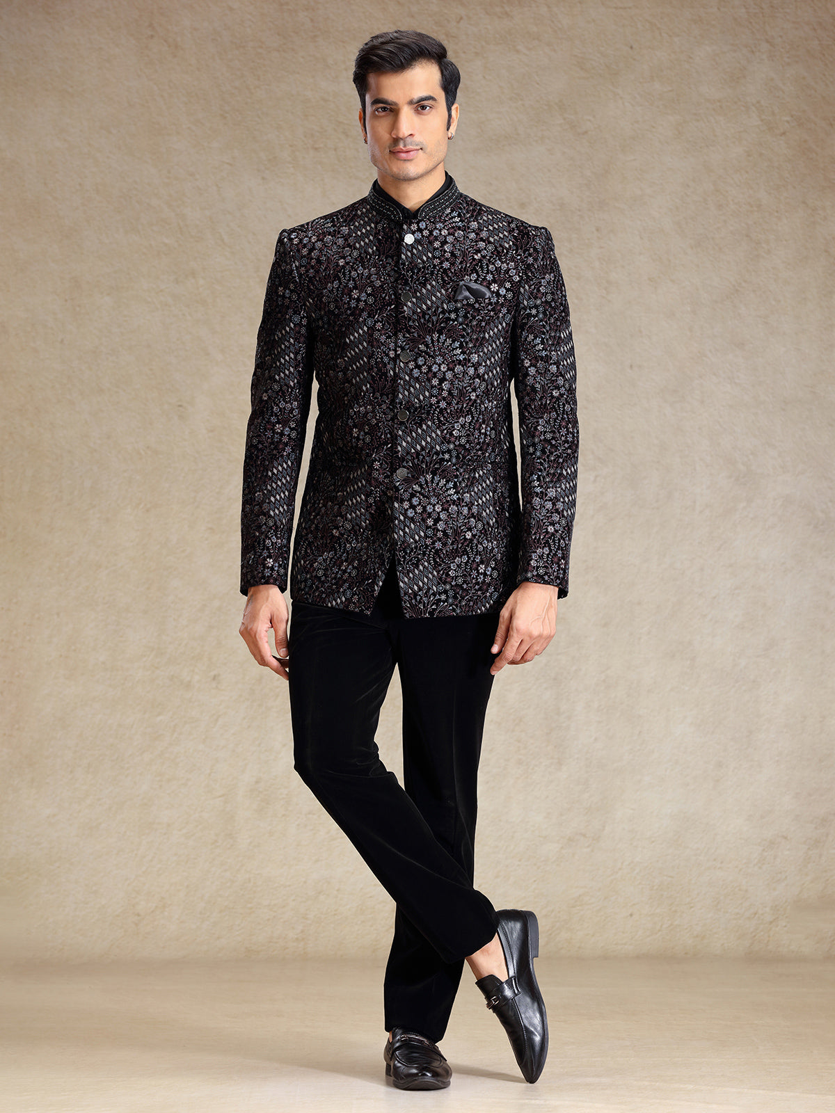 Black jodhpuri suit in multi color embroidery