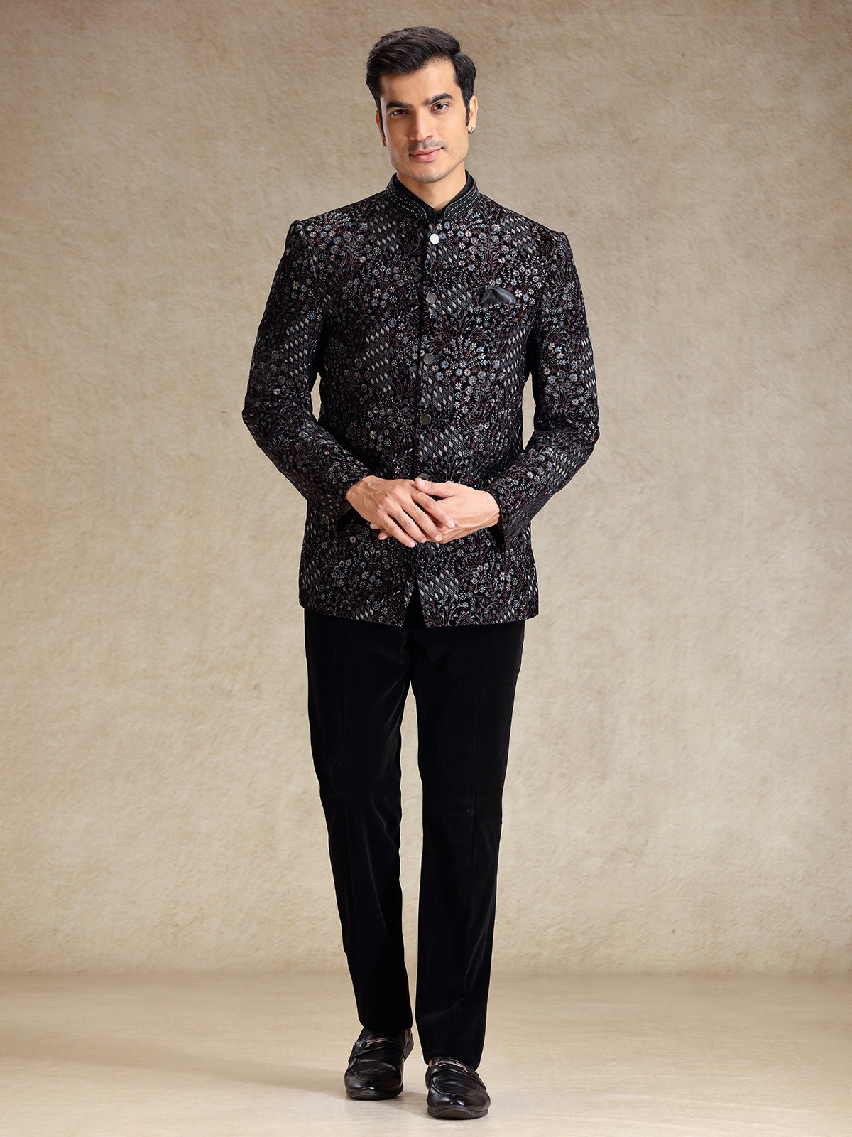 Black jodhpuri suit in multi color embroidery