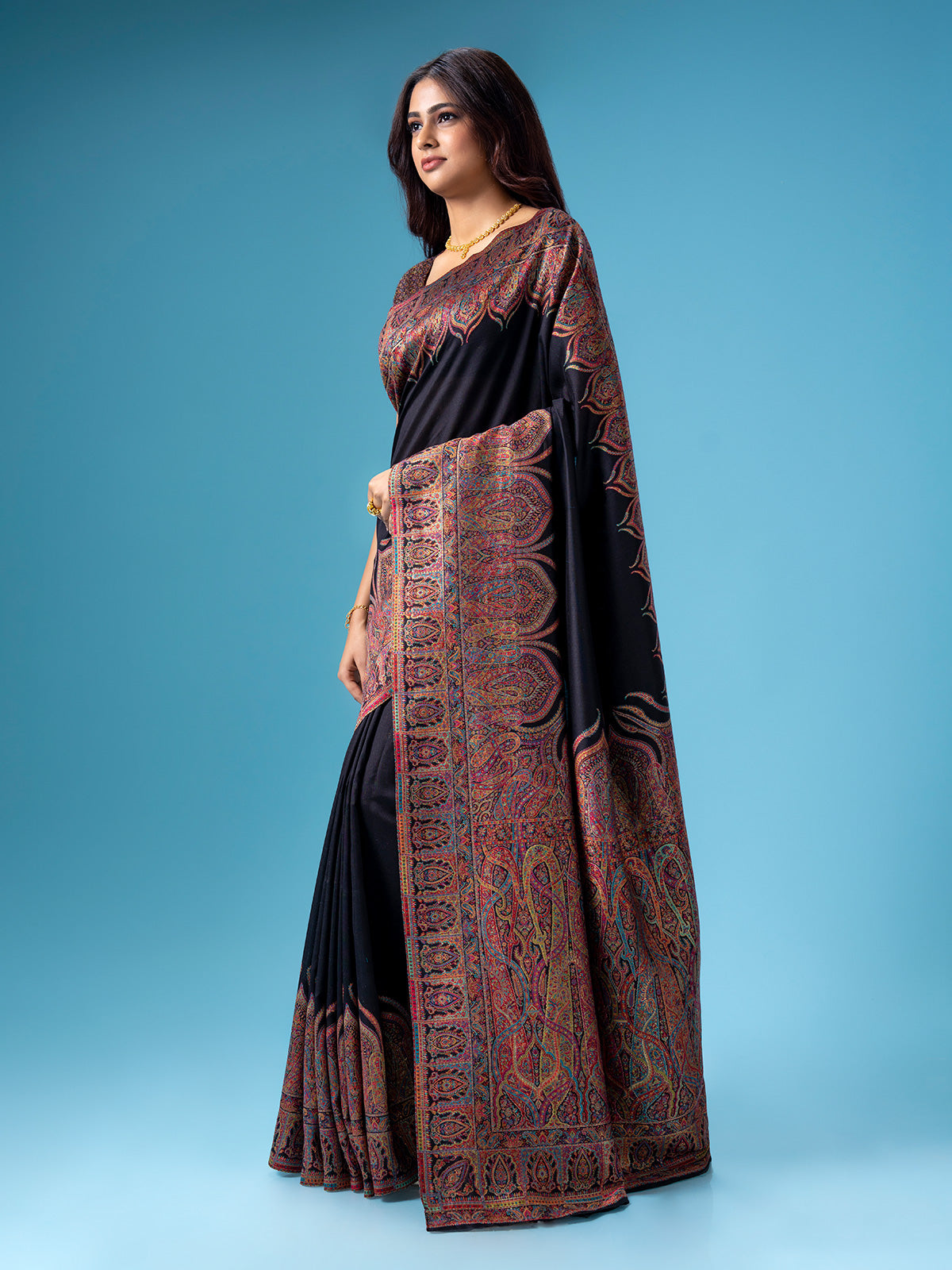 Black pashmina silk saree with kashmiri weaving