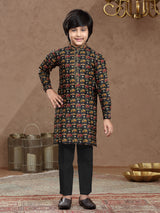 Black printed cotton silk kurta set with pants