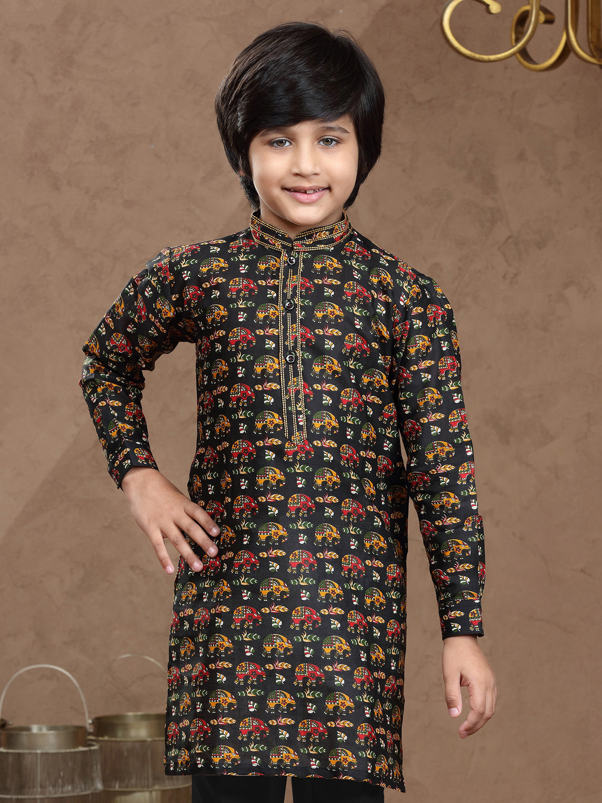 Black printed cotton silk kurta set with pants