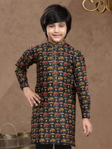 Black printed cotton silk kurta set with pants