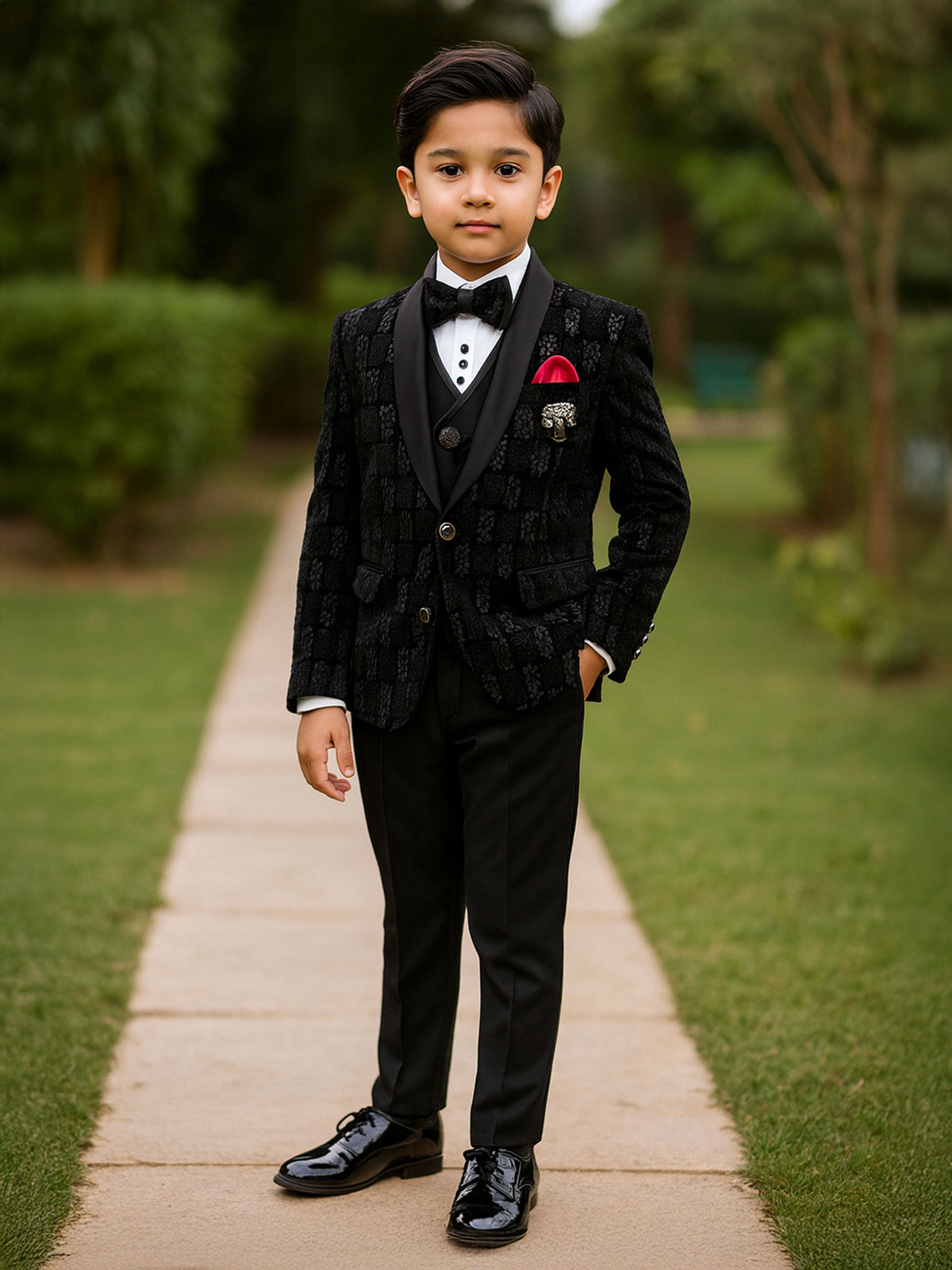 Black printed terry rayon coat suit for for boys