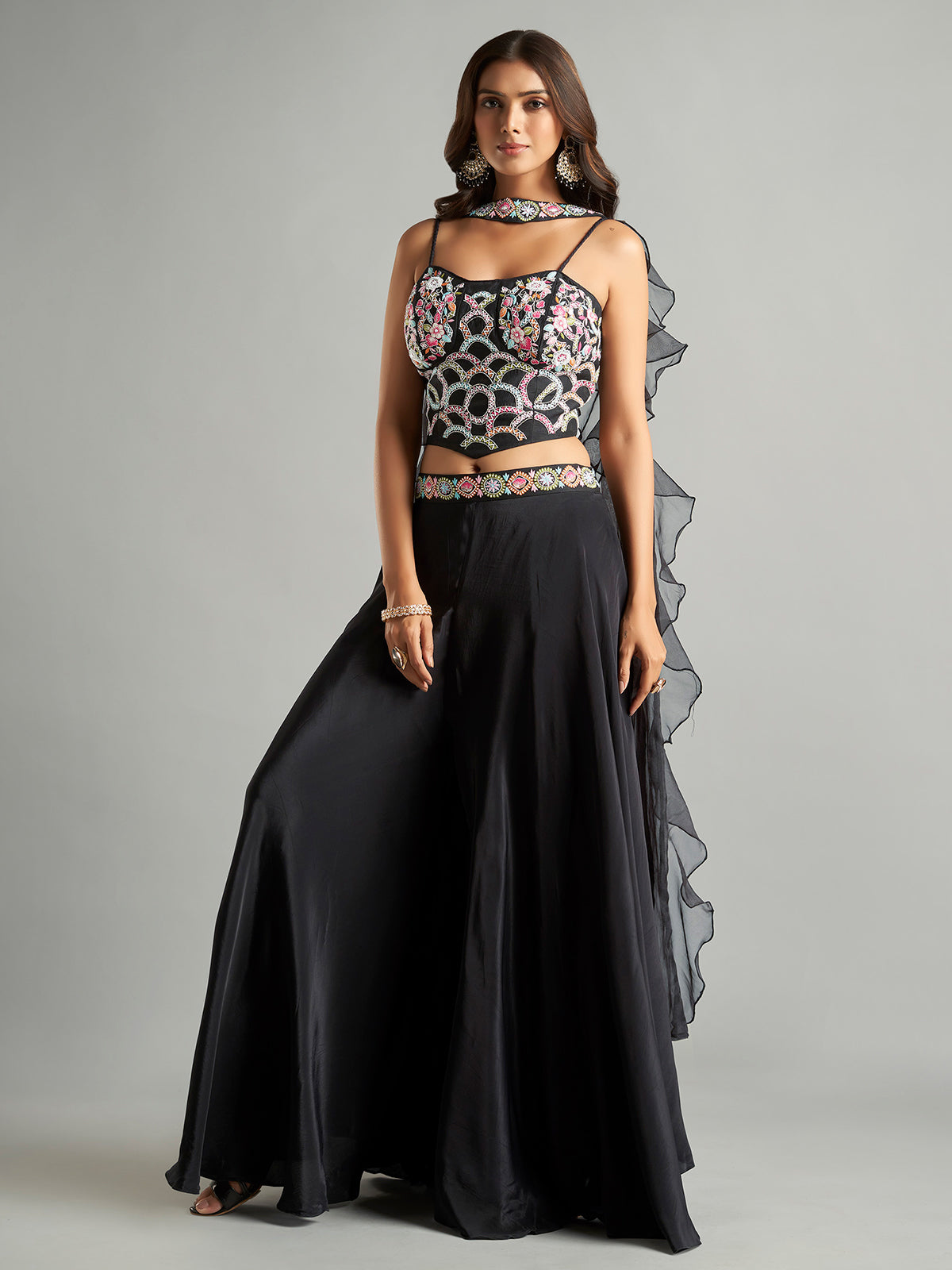 Black satin palazzo suit with ruffle dupatta