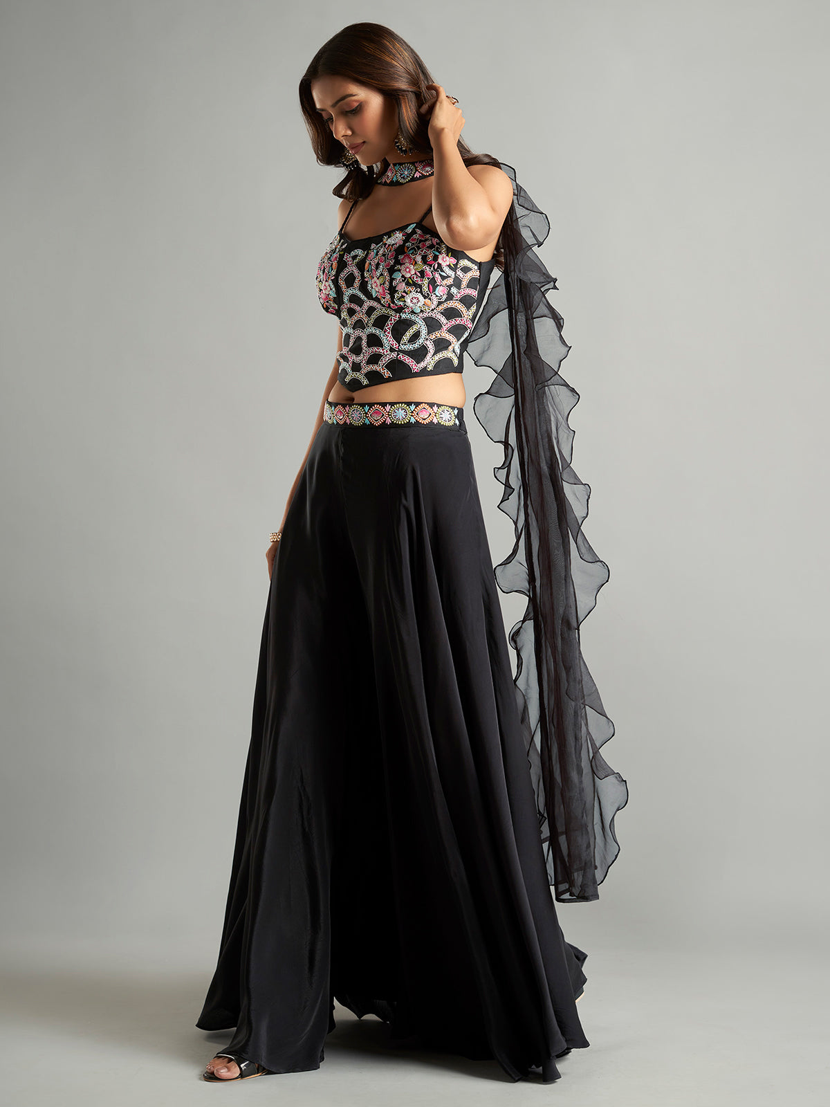 Black satin palazzo suit with ruffle dupatta