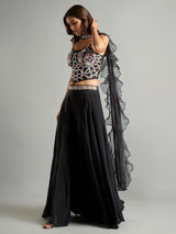 Black satin palazzo suit with ruffle dupatta