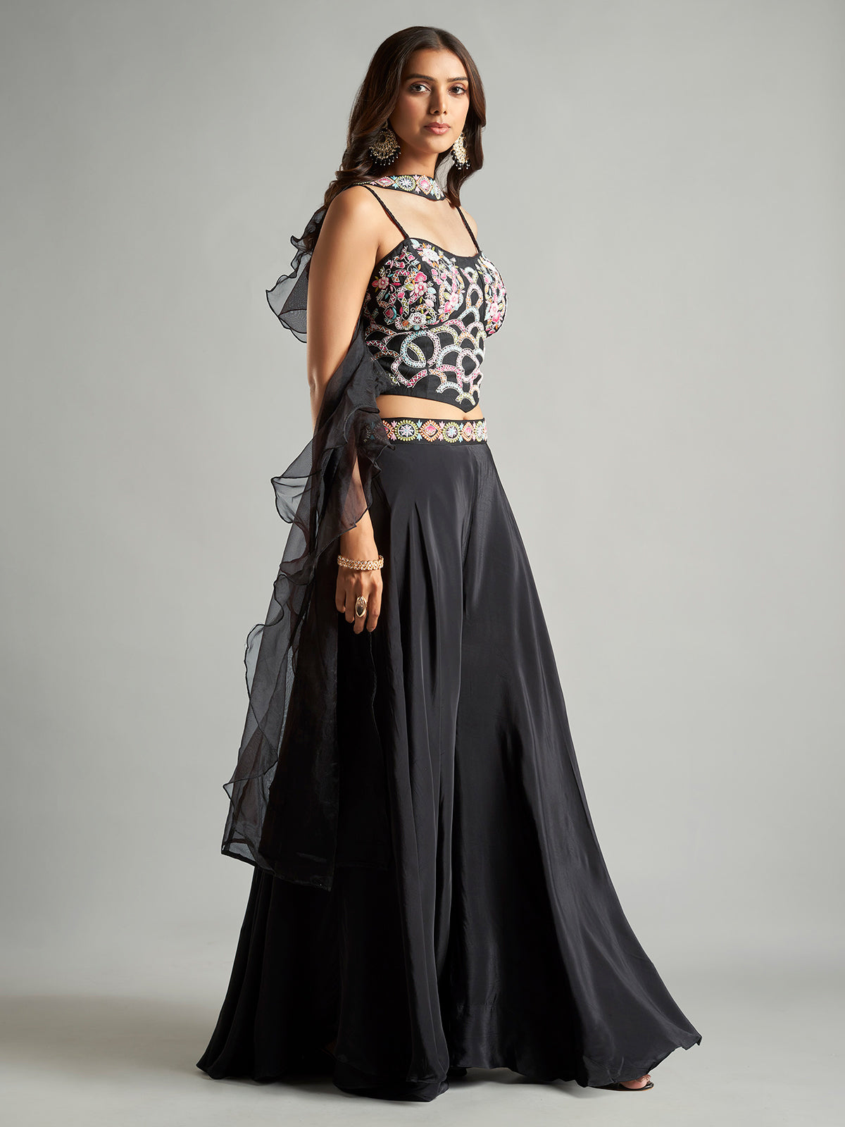 Black satin palazzo suit with ruffle dupatta