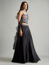 Black satin palazzo suit with ruffle dupatta