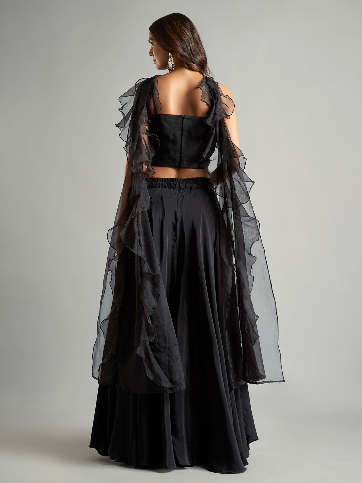 Black satin palazzo suit with ruffle dupatta