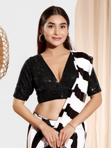 Black sequins v-neck back open elbow sleeve blouse