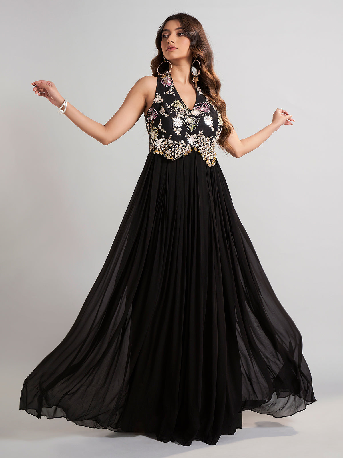 Black silk floor length suit in soft georgette
