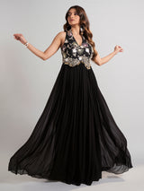 Black silk floor length suit in soft georgette